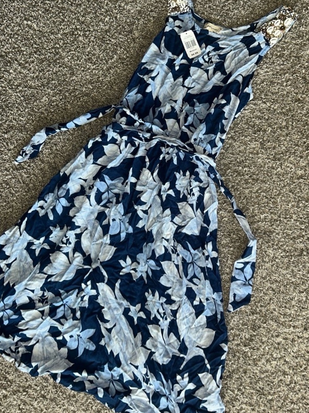 Seashell Straps, Navy and Light Blue Floral Midi Dress with Belt